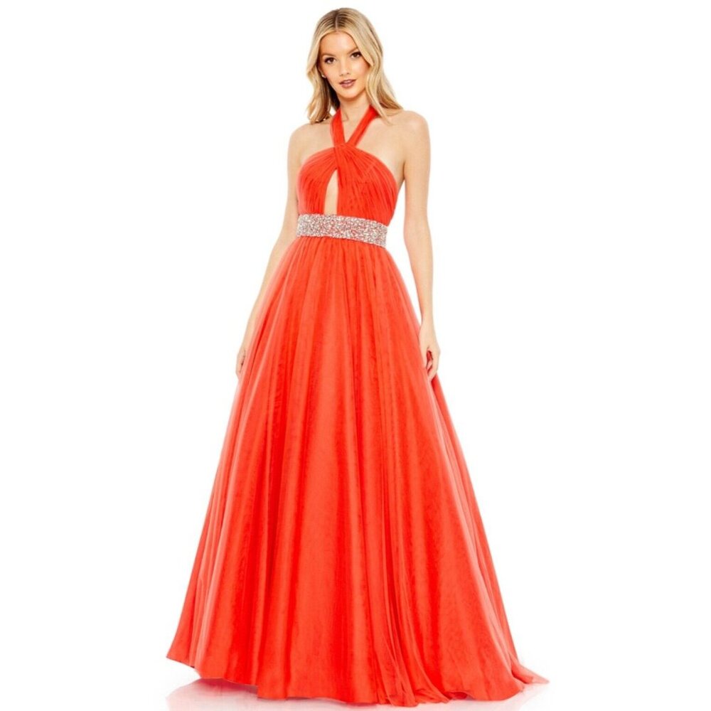 Mac Duggal Gown Dress Size 2 Red Rhinestones Full Bottom Halter Neck 67993